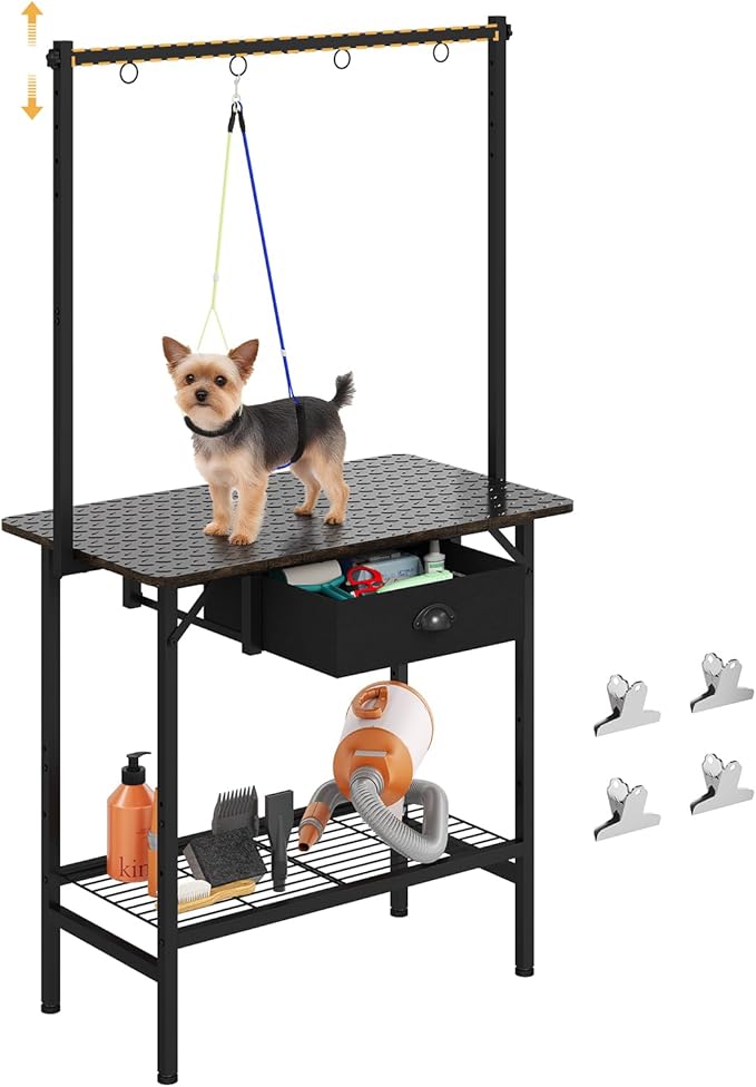 Dog Grooming Table with Drawers and Mesh Tray,32 Inch Adjustable Pet Grooming Table with Non-slip Removable Washable Mat and EVA Protective Lanyard ,Professional Grooming Table for small Dogs at Home by Cutogxon