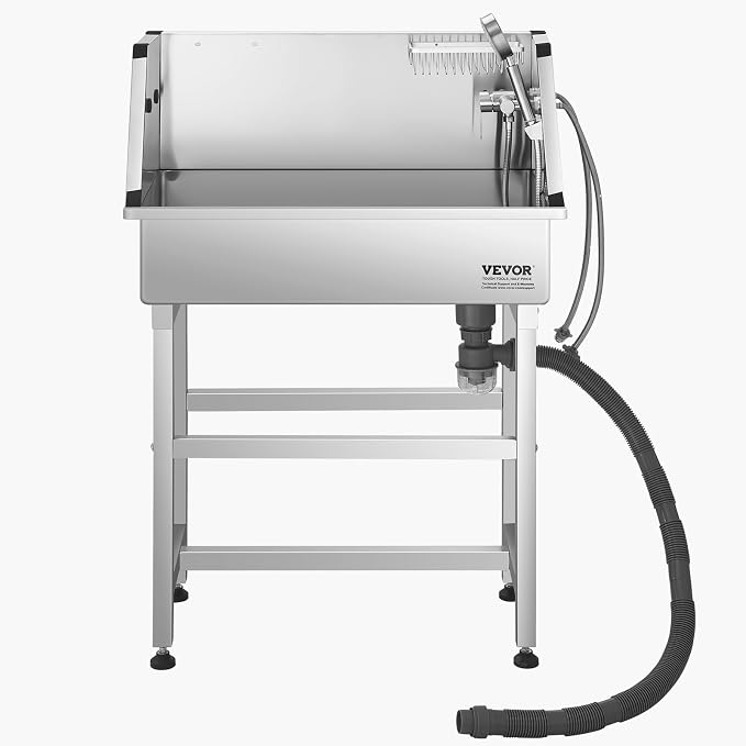 VEVOR Professional Dog Washing Station, 34 Inch Stainless Steel Pet Grooming Tub with Hot & Cold Faucet, Showerhead, Storage Rack, No-Bend All-in-One Bathtub, Home Wash Sink, Fits Small Cats and Dogs - Image 10