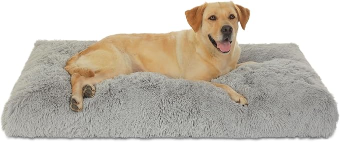 Bedfolks Waterproof Crate Bed, Plush Pad With Removable Cover, Faux Fur for XXL Dogs, Fluffy Washable Kennel Bed 47"x29", Solid Light Grey by Bedfolks