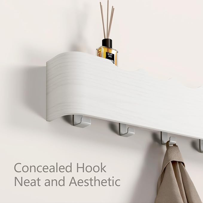 Wall Mounted Coat Rack with Shelf, Wooden Entryway Organizer with Hidden Metal Hooks for Hanging Coats Bags Keys, Modern Floating Shelf for Hallway Bathroom - Image 3