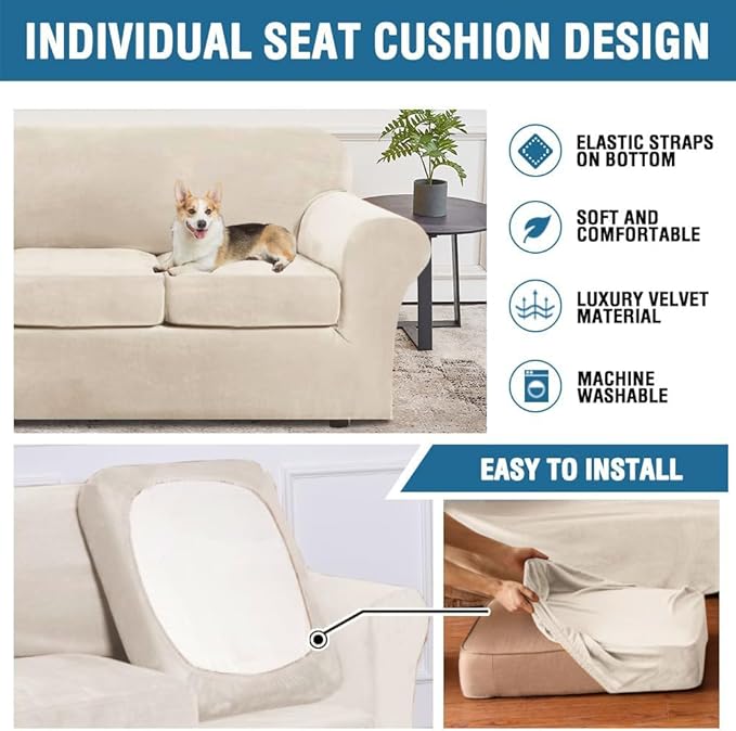 H.VERSAILTEX Modern Velvet Plush 4 Piece High Stretch Sofa Slipcover Sofa Cover Furniture Protector Form Fit Thick Velvet Sofa Cover for 3 Cushion Couch Width Up to 90 Inch (Sofa, Cream) - Image 7