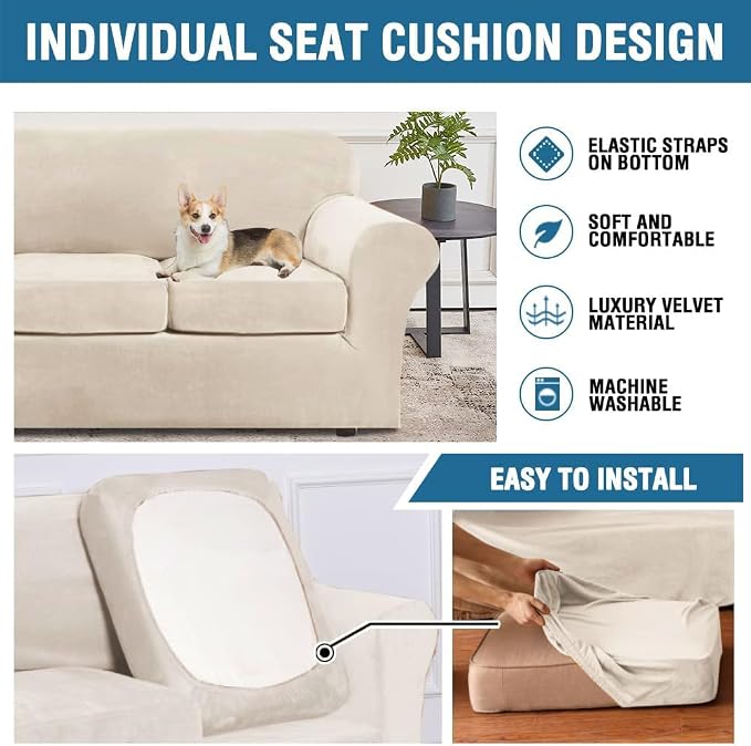 H.VERSAILTEX Real Velvet Plush 3 Piece Stretch Sofa Covers Couch Covers for 2 Cushion Couch Sofa Slipcovers Width Up to 90 Inch Feature Thick Soft Stay in Place (Sofa, Cream) - Image 7