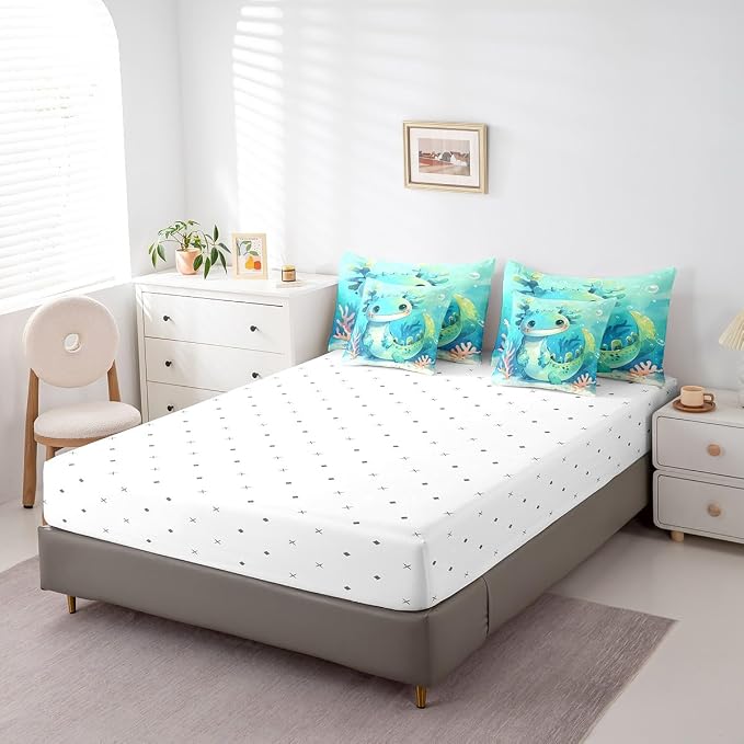 Feelyou Cute Axolotl 7 Piece Bedding Set Queen Size Cute Blue Teal Axolotl for Kids Boys Girls Teens Toddler Ocean Animal Bed in a Bag Comforter Set with Sheets Cartoon Bed Set - Image 5