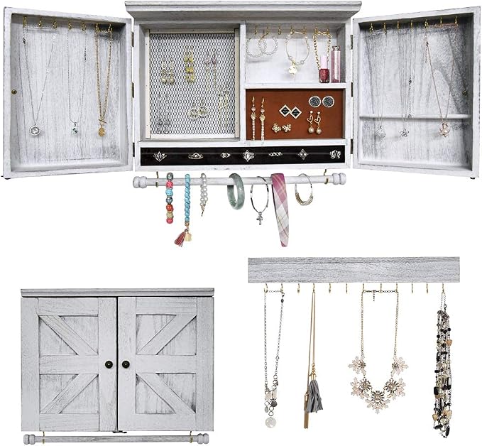 GLANT Rustic Wall Mounted Jewelry Organizer with Wooden Barndoor Decor,Wooden Wall Mount Holder,Jewelry holder for Necklaces, Earings, Bracelets, Ring Holder. (White) by GLANT