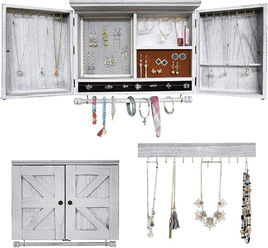 GLANT Rustic Wall Mounted Jewelry Organizer with Wooden Barndoor Decor,Wooden Wall Mount Holder,Jewelry holder for Necklaces, Earings, Bracelets, Ring Holder. (White) by GLANT