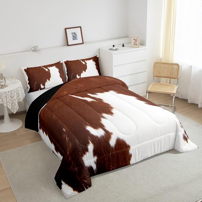 Cow Print Comforter Set Queen Size,Cowhide Print Bedding Set Teens Adults,Farmhouse Animal Hair Down Comforter,Rustic Western Bedding For Kids Boys Girls Teens Adult Bedroom Decor, Brown White - Image 5
