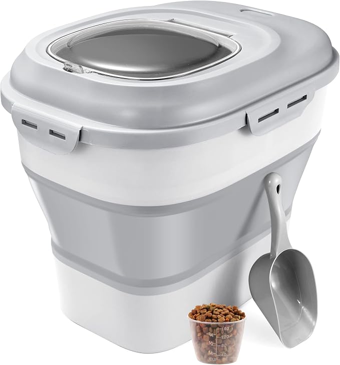 Collapsible Dog Food Storage Container, Airtight Sealed Pet Container with Measuring Scoop & Wheels, 30 lb Large Plastic Cat Containers Bin for Treats, Grey by Unknown