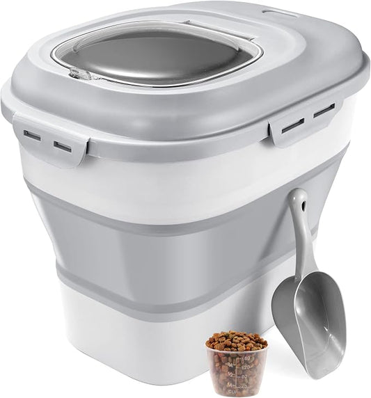 Collapsible Dog Food Storage Container, Airtight Sealed Pet Container with Measuring Scoop & Wheels, 30 lb Large Plastic Cat Containers Bin for Treats, Grey by Unknown