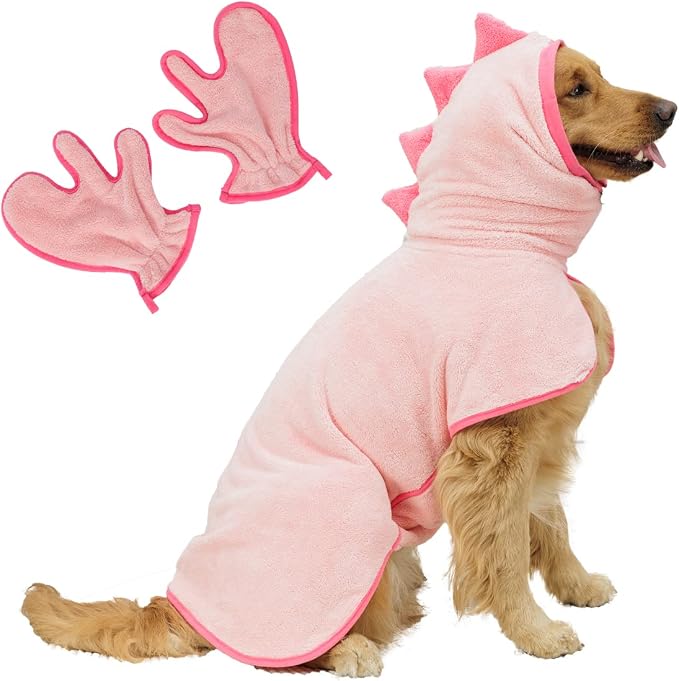 Pawyee Super Soft Fast-Drying Dog Towel Set for Cold Weather, Beach, Pool - Adjustable Microfiber Bath Robe with Drying Gloves for Cats and Dogs (X-Large, Pink Dino) by Pawyee