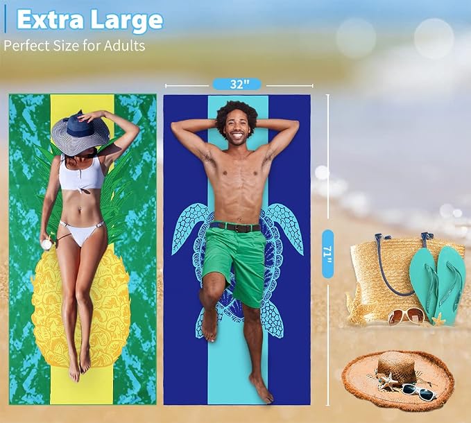 2 Pack Microfiber Lightweight Beach Towel 71"x32" Oversized Extra Large Thin Sand Free Towels Travel Swim Pool Yoga Gym Camping for Adults Women Men Beach Essentials Accessories Vacation Gift - Image 3