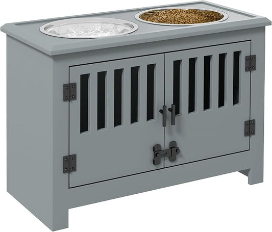 PawHut Large Elevated Dog Bowls with Storage Cabinet, 37L Gray | Raised Dog Bowl Stand Pet Food Bowl Dog Feeding Station by PawHut