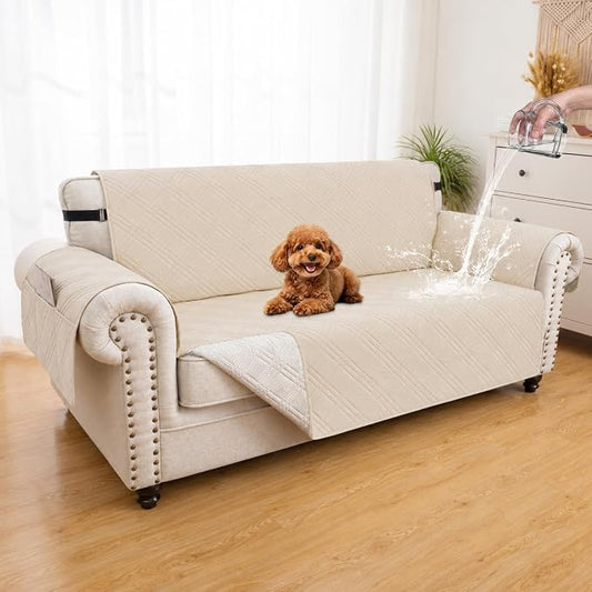 100% Waterproof Couch Cover for Dogs, Anti-Slip Washable Sofa Cover with Elastic Straps & Side Pockets, Durable Furniture Protector for Kids & Pets (Loveseat 46", Beige) by Unknown