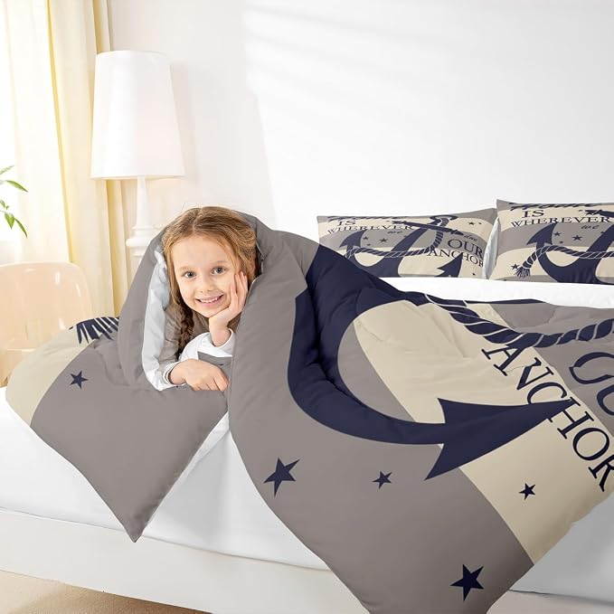 Homewish Anchor Duvet Insert Geometric Stripe Print Comforter Set Nautical Bedding Set 3pcs for Kids Boys Teens Microfiber Down Comforter with 2 Pillowcases, Queen Size - Image 3