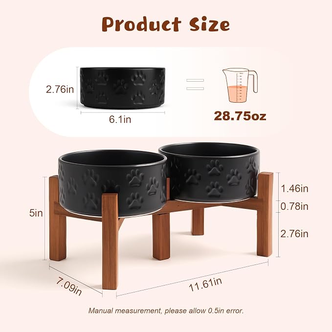 SPUNKYJUNKY Ceramic Elevated Dog Bowl Set with Acacia Wood Stand for Food and Water for Small Medium Sized Dogs (28.74 OZ, Black, Dog Paw Pattern) - Image 2