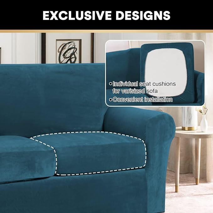 PrinceDeco Velvet Couch Covers for Sofa Soft 4 Pieces Couch Covers for 3 Cushion Couch Sofa Pet Friendly Furniture Protector with Non Slip Elastic Bottom Width Up to 97 Inch (Large Sofas, Deep Teal) - Image 5