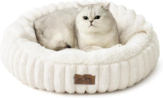 Cat Bed with Hooded Blanket, Round Fluffy Anti-Anxiety Pet Bed for Cats/Small Dogs, Cozy Donut Cuddler with Machine Washable Faux Fur & Anti-Slip Bottom(23"×23"×6",Cream) by COZYKISS