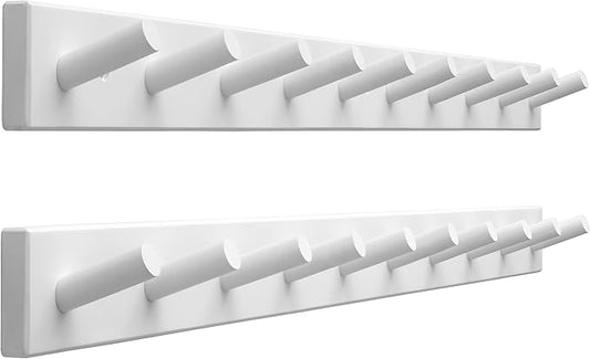 SKOLOO Wood Coat Rack Wall Mounted,10 Peg Long Bamboo Hook for Hanging Backpack Coat Towel Hat,16'' Hole to Hole,Pack of 2,White by SKOLOO