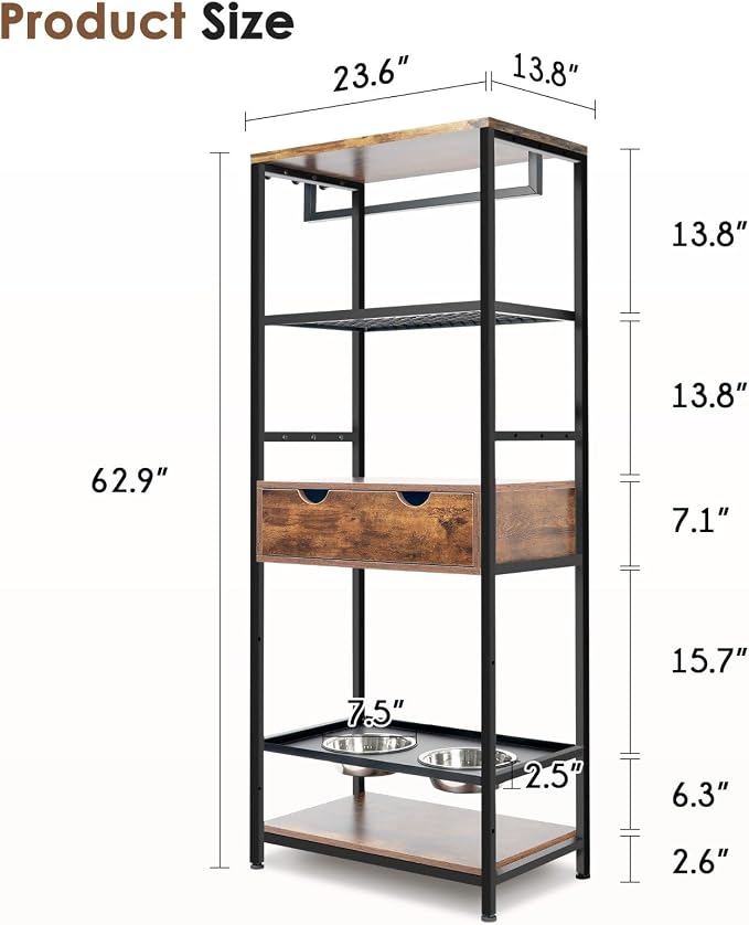 Industrial Style Storage Rack with Dog Feeding Station, Adjustable Raised Dog Bowls, and Shelves - Image 5