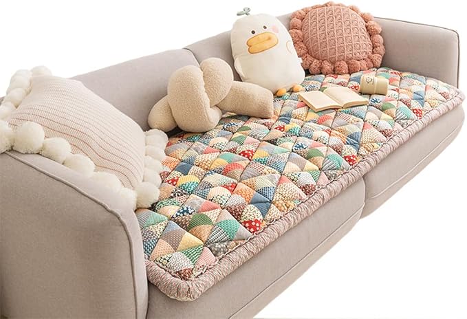 vctops Bohemian Patchwork Cotton Quilted Sofa Couch Cover Floral Pattern Sectional Couch Cover for Living Room Non Slip Soft Floor Mat Chair Seat Cushion(Pattern A,28"x71") - Image 5