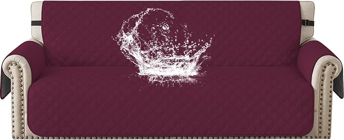 Waterproof Couch Cover for Pets, Sofa Covers for 3 Cushion Couch Washable, Non Slip Couch Covers for Dogs with Side Pockets Elastic Straps, Quilted Couch Covers for Sofa (Sofa, Burgundy) by CYCMACOHOME