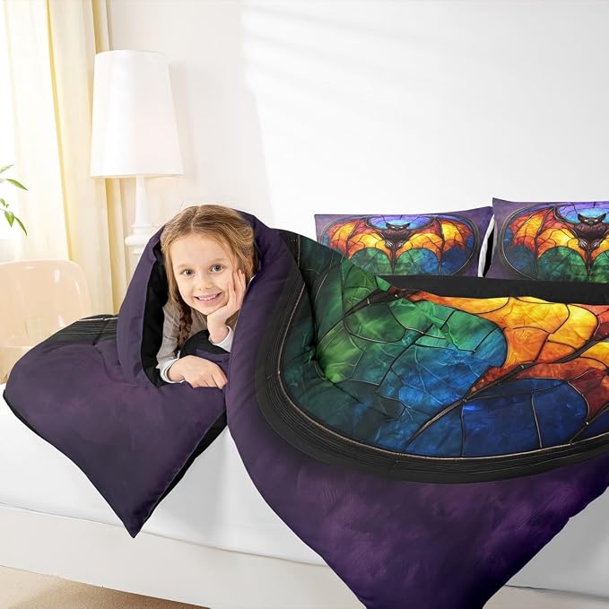 Manfei Halloween Bat Comforter Set King Size,Mystic Bat Wild Animal Bedding Set for Kids Girls Boys Room Decor,Spider Web Geometric Soft Duvet Insert for All Season,2 Pillowcase,Dark Purple Green - Image 4