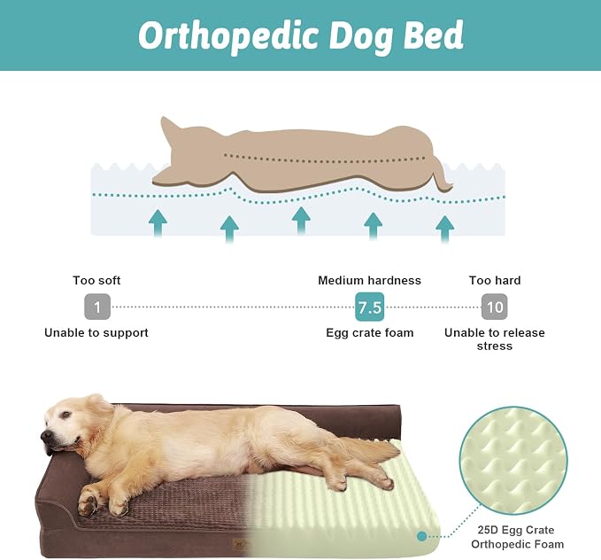 COZY KISS Orthopedic Dog Bed for Large Size Dog, XL Dogs Crate Bed, L Shaped Foam Anti-Slip Bottom Pet Cat Sofa with Washable Removable Cover, Suitable for Pet Up to 100 lbs, 42x30x7.5 inch, Brown - Image 2