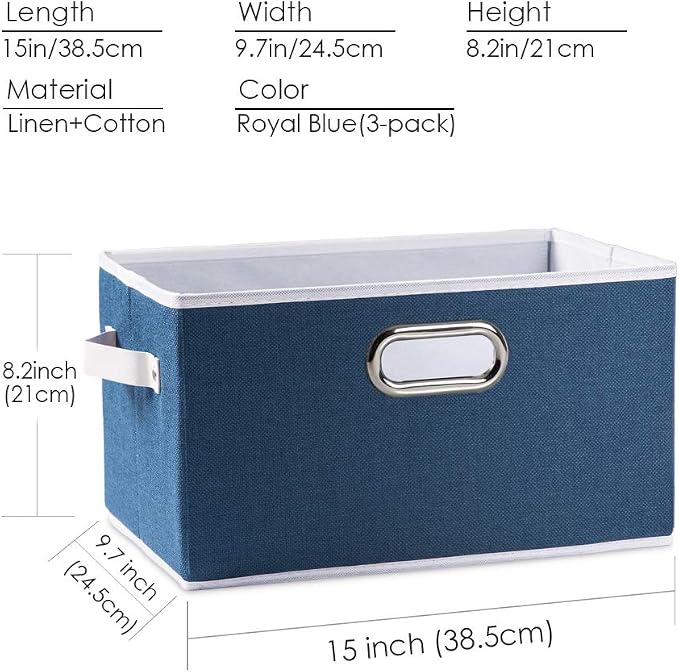 PRANDOM Large Collapsible Storage Baskets for Closet [3-pack] Decorative Fabric Storage Bins Cubes with Leather/Metal Handles for Shelves Bedroom Living Room Royal Blue (14.9x9.8x8.3 Inch) - Image 6