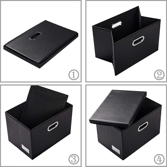 PRANDOM Large Collapsible Storage Bin with Lid [1-Pack] Leather Fabric Foldable Storage Box Organizer Containes Basket Cube with Cover for Home Bedroom Closet Office Nursery Black (17.7x11.8x11.8) - Image 5