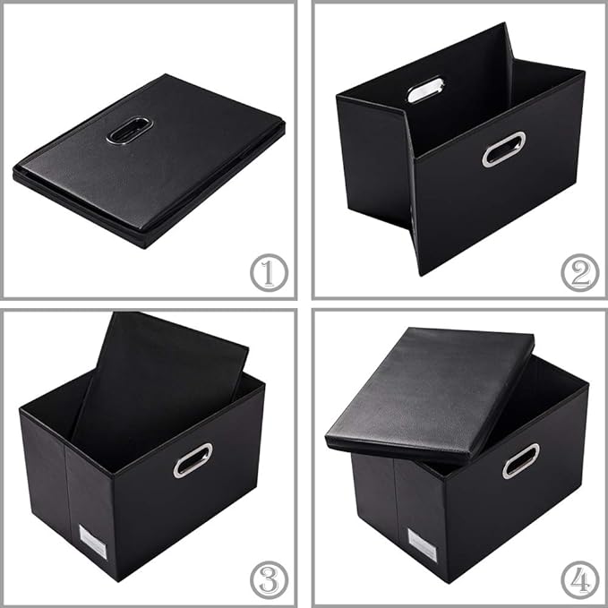 PRANDOM Collapsible Storage Bins with Lids [3-Pack] Leather Fabric Foldable Storage Boxes Organizer Containers Baskets Cube with Cover for Bedroom Closet Office Nursery Black (14.9x10.8x10) - Image 5
