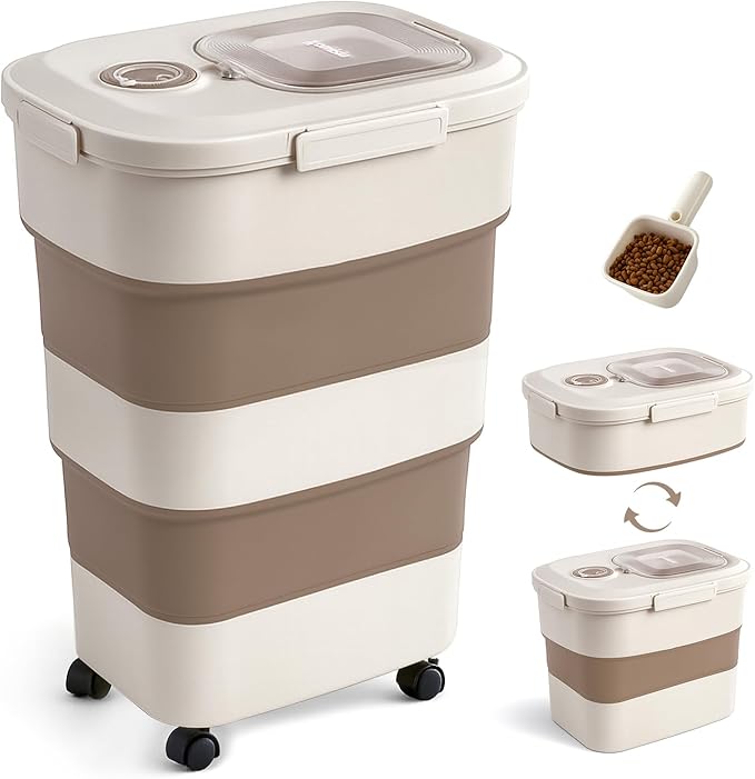 ZOMISIA 40-50lbs Dog Food Storage Container, Large Capacity Collapsible Airtight Pet Food Storage Containers with Rolling Wheels, Transparent Lid, Scoop and Date Track, Brown by Zomisia