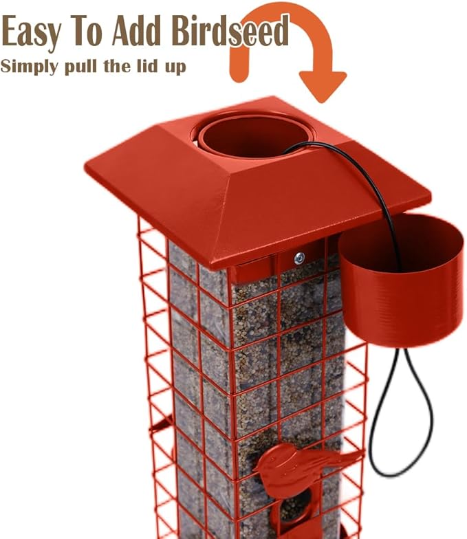 Squirrel Proof Bird Feeders for Outdoors, Metal Wild Bird Feeder for Outside Hanging, 4 Ports Perches, 3LB Large Capacity (Tangerine)