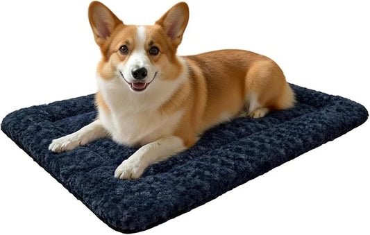 Washable Dog Bed Mat With Anti-Slip Bottom, Deluxe Plush Memory Foam Crate Pad & Waterproof Outdoor Kennel Mat For Dogs & Cats-Durable Crates Beds, Large Medium Small Puppy Size 24" x 18",Blue by Unknown