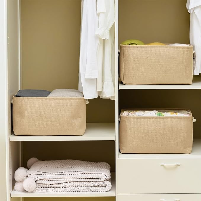 TheWarmHome Organization and Storage Bin for Shelves - Large 3 Pack 16x12x8 inch Storage Basket for Organizing, Canves Storage Cubes for Organizer Toy Closet Cloth Gift (Beige) - Image 2