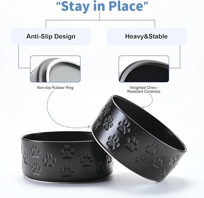 SPUNKYJUNKY Ceramic Dog and Cat Bowls 2 Pack, 6.1'' Dog and Cat Food Water Double Feeding Bowls Non-Slip for Large Sized Breed Microwave Dishwasher Safe - 28.7 OZ, 2pcs, Paw Black - Image 4