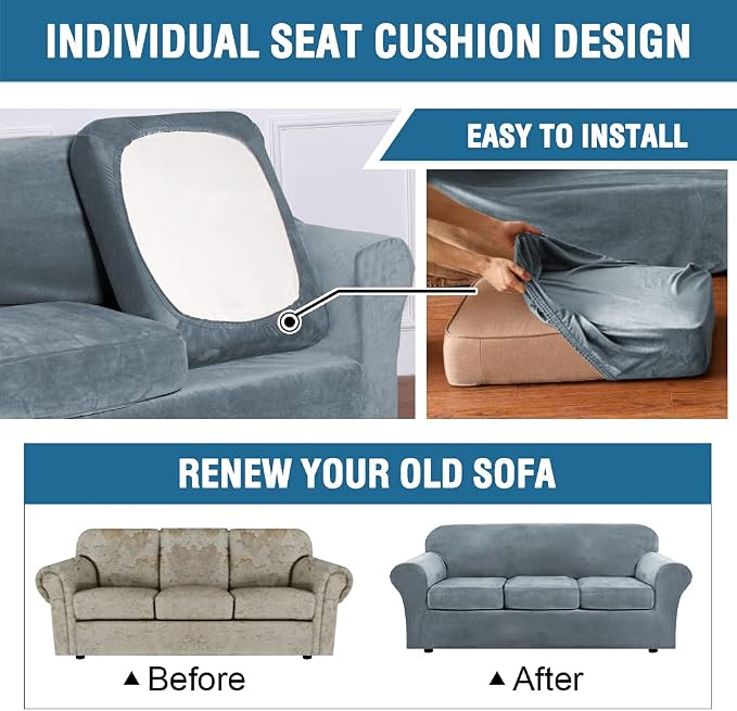 H.VERSAILTEX Rich Velvet Stretch 2 Piece Cover Chair Slipcover Sofa Cover Furniture Protector Couch Soft with Elastic Bottom Chair Couch Cover with Arms Width Up to 49 Inch(Chair, Stone Blue) - Image 6