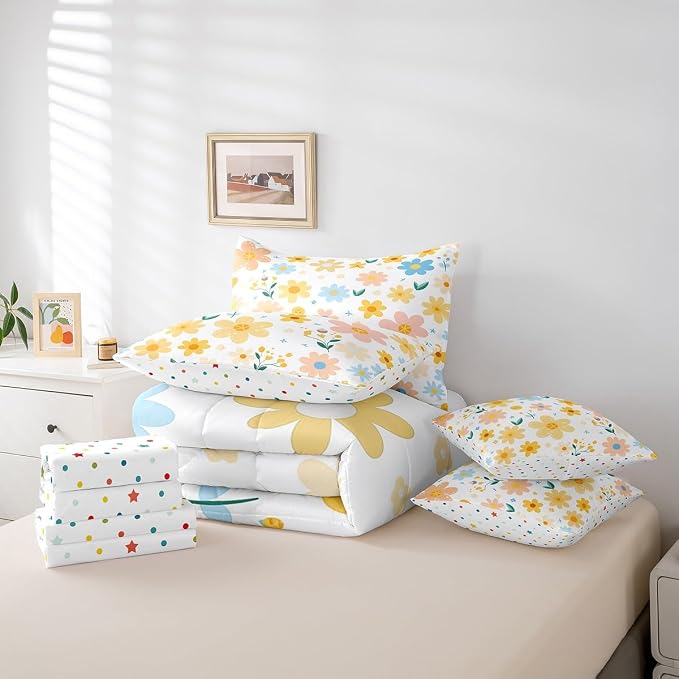 Feelyou Cute Flower 7 Piece Bedding Set Full Size Kids Cartoon Cute Floral Bed in a Bag for Girls Teens Bright Yellow Comforter Set with Sheets Kawaii Bed Set - Image 3
