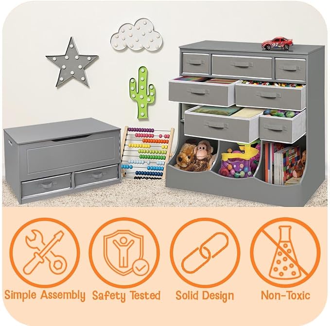 Badger Basket Combo Toy Storage Organizer and Bookshelf - Kids Storage Unit with 3 Removable Baskets, Open Shelves, Top Display Surface - White/Gray - Image 3