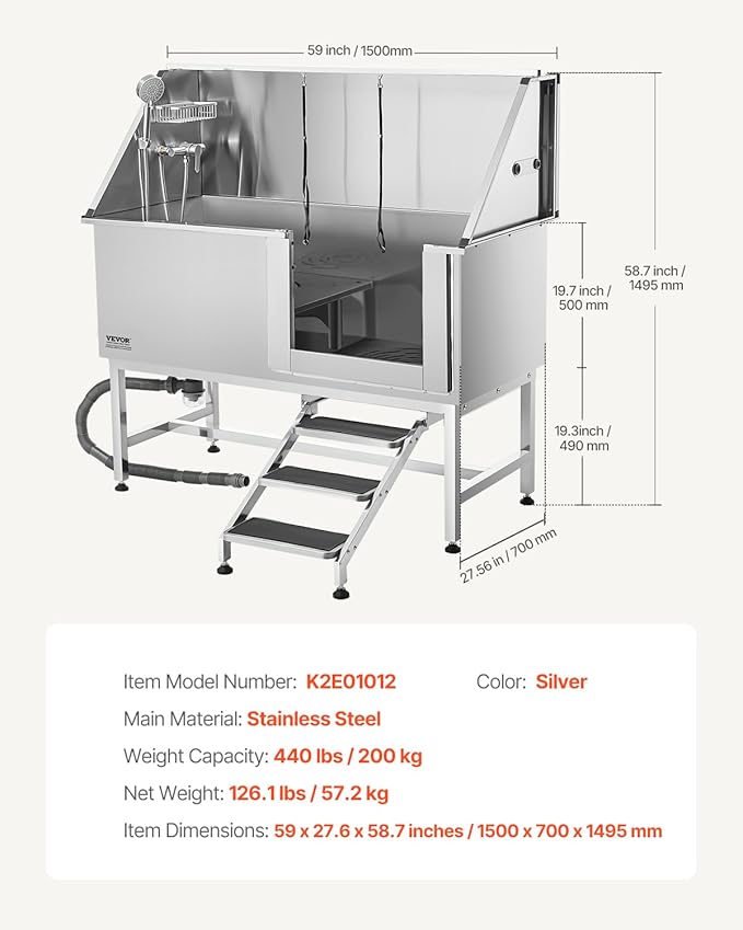 VEVOR Stainless Steel Dog Washing Station, 62 inch Pet Grooming Tub w/Stairs, PE Water Filter Board, Faucet & Showerhead & Soap Holder Dog Bathtub for Large & Medium & Small Pets (Right Door) - Image 7