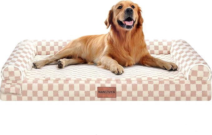 NANUYA Orthopedic Dog Bed for X-Large Dogs, 40 x 32 Inch, Pink Grid | Egg crate foam for joint support, 3-sided bolster pet sofa, waterproof lining, washable cover, and non-skid base by Nanuya