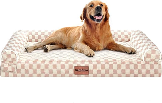 NANUYA Orthopedic Dog Bed for X-Large Dogs, 40 x 32 Inch, Pink Grid | Egg crate foam for joint support, 3-sided bolster pet sofa, waterproof lining, washable cover, and non-skid base by Nanuya