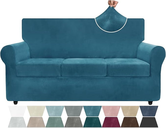 ZNSAYOTX Luxury Velvet Couch Cover 4 Piece (72"-92") Stretch Sofa Covers for 3 Cushion Couch Thick Soft Sofa Slipcover with Non Slip Strap, Dog Pet Friendly Nice Furniture Protector (Peacock Blue) by ZNSAYOTX