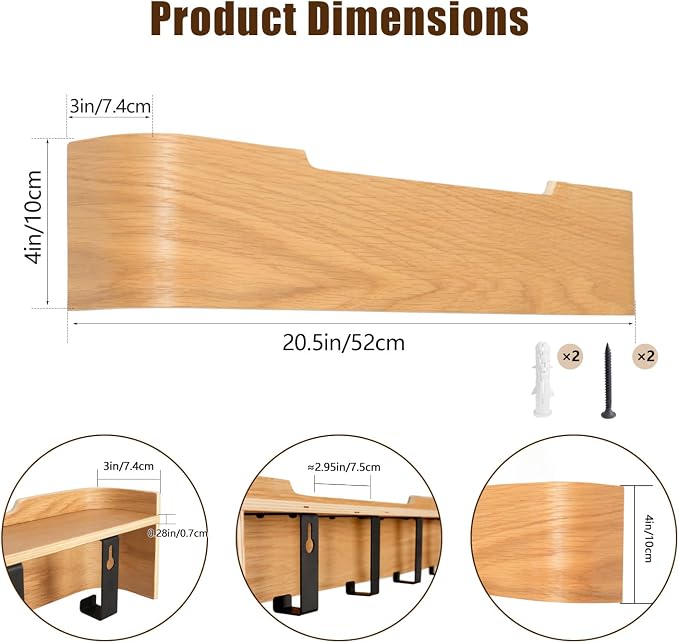 Coat Rack Wall Mount with Hidden Hooks, Wall Hooks with Shelf, Wall Key Holder Mount Wooden Shelf Entryway Hooks for Bedroom Bathroom for Hanging Coats Hats Bags Towels (Oak, 5 Hooks) - Image 3