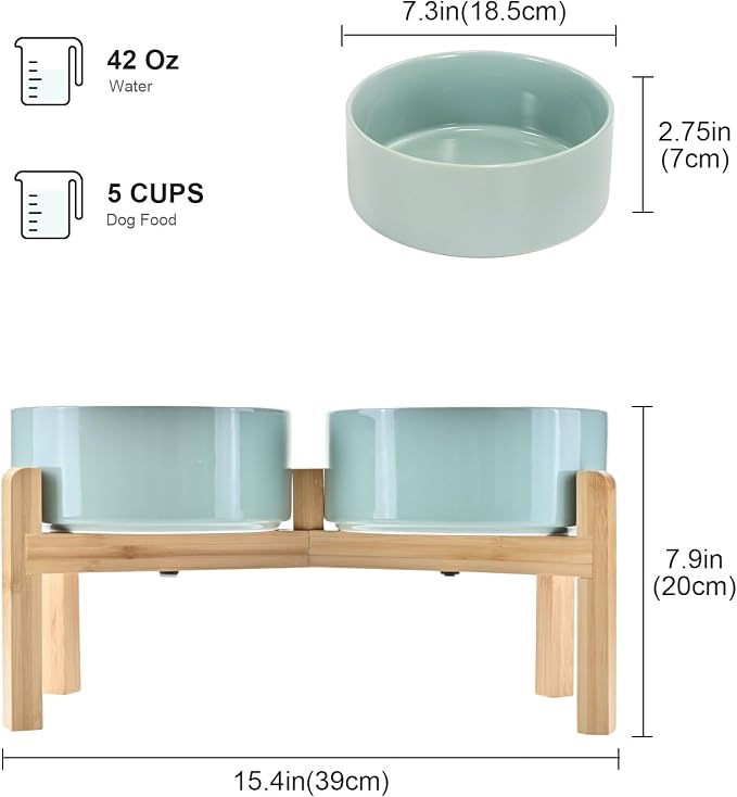 SPUNKYJUNKY Elevated Dog Bowls Ceramic, 7.3'' Dogs Food Water Bowls Raised with Non-Slip Bamboo Stand for Medium to Large Sized Breed Microwave Dishwasher Safe - 42 OZ,Light Green - Image 2