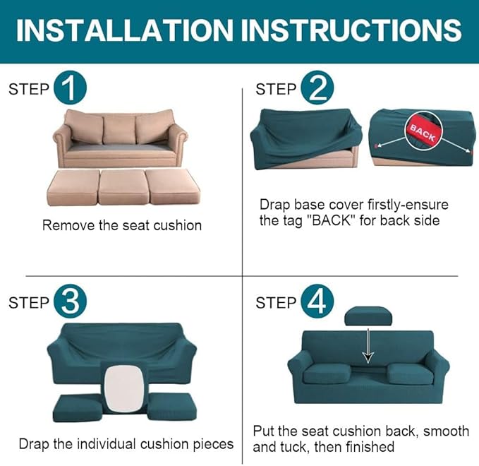 Turquoize 4 Piece Sofa Covers for 3 Cushion Couch Sofa Slipcover Soft Couch Cover for Dogs-Washable Sofa Furniture Covers with 3 Individual Large Cushion Covers Jacquard Fabric(XL Sofa,Deep Teal) - Image 6