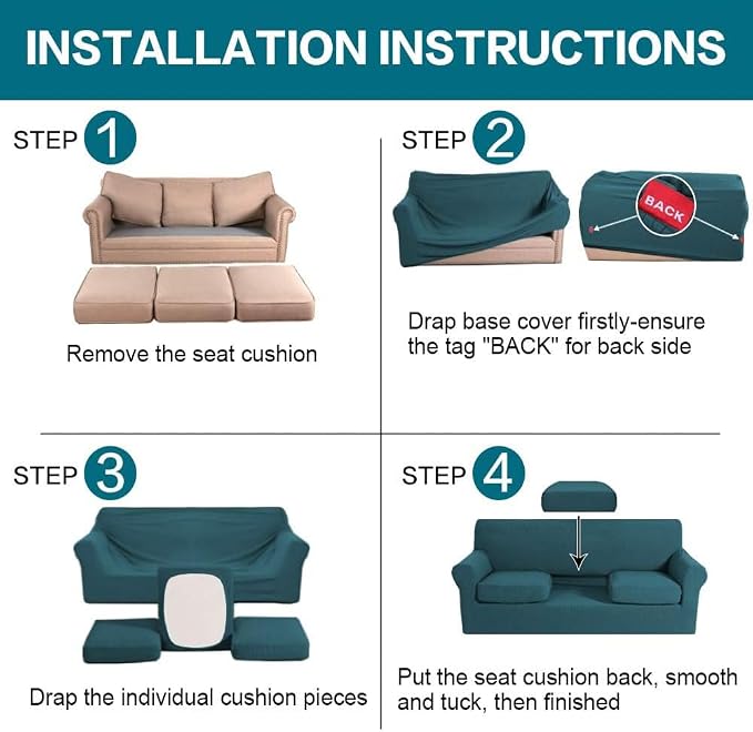 Turquoize 4 Piece Sofa Covers for 3 Cushion Couch Sofa Slipcover Soft Couch Cover for Dogs-Washable Sofa Furniture Covers with 3 Individual Cushion Covers, Jacquard Fabric (3 Cushion Sofa, Deep Teal) - Image 6