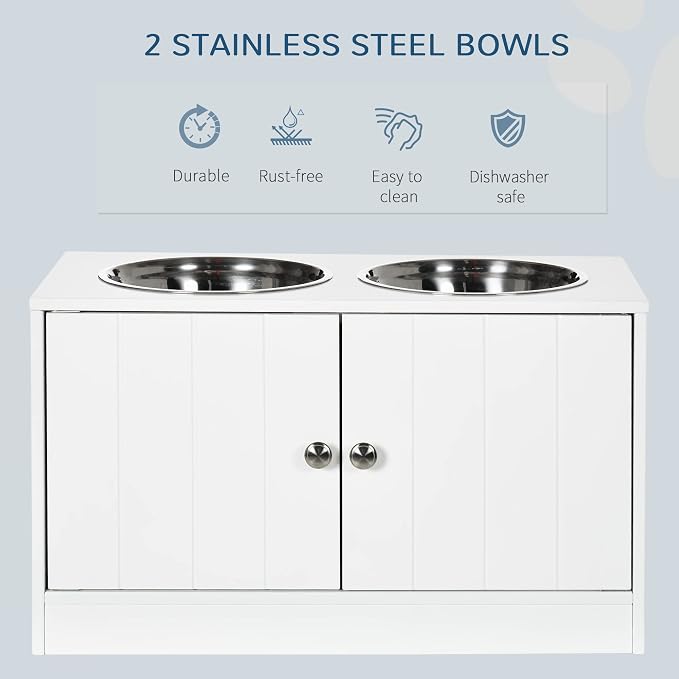 PawHut Large Elevated Dog Bowls with Storage Cabinet Containing Large 44L Capacity, Raised Dog Bowl Stand Pet Food Bowl Pet Feeding Station, White | Raised Dog Bowl Stand, Pet Feeding Station - Image 3