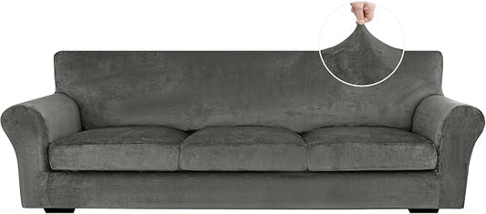 XINEAGE 4-Piece Velvet Oversize Sofa Cover, Couch Covers for Dog,Gray | 3 Cushion Large Sofa,Stretch Non-slip Elastic, Pet-friendly, Washable, Fast Setup, Soft Plush Fabric, Furniture Protector. by XINEAGE