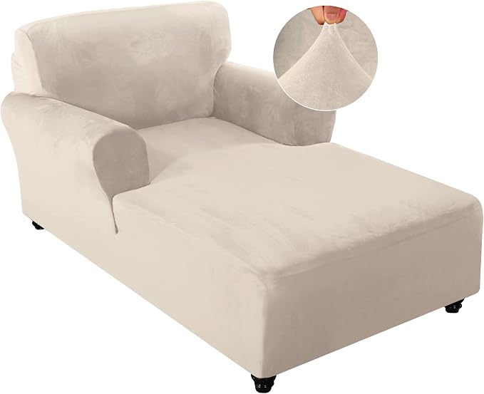 FantasDecor Velvet Chaise Lounge Cover Stretch Double Arm Chair Slipcover for Living Room Bedroom Soft Plush Fabric Machine Washable, Ivory by FantasDecor