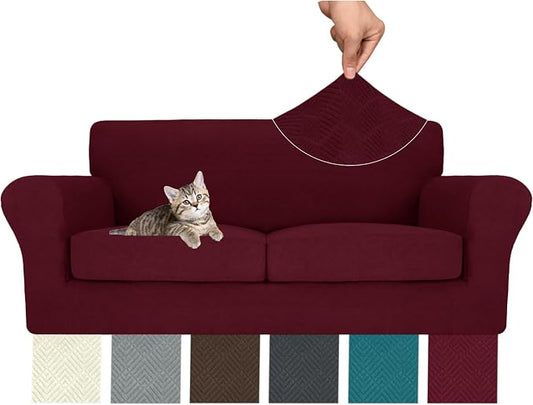 MAXIJIN 3 Piece Couch Covers for 2 Cushion Couch Sofa Cover, Stretch Loveseat Sofa Slipcovers for Sofas with 2 Large Cushions, Thick Dogs Pet Furniture Covers (71"-91", Wine Red) by MAXIJIN