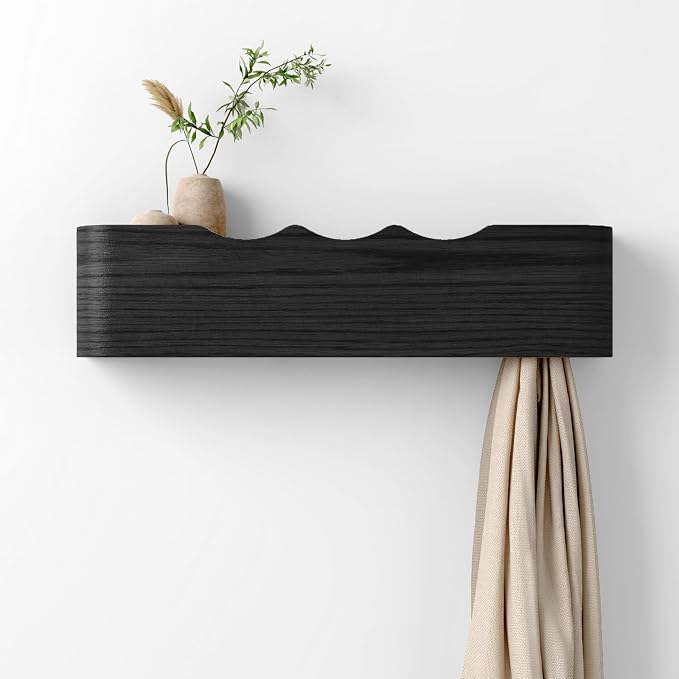 Coat Rack Wall Mount with Hidden Hooks, Wall Hooks with Shelf, Wall Key Holder Mount Wooden Shelf Entryway Hooks for Bedroom Bathroom for Hanging Coats Hats Bags Towels (Black Wave-Shape, 4 Hooks) by Nevsokio